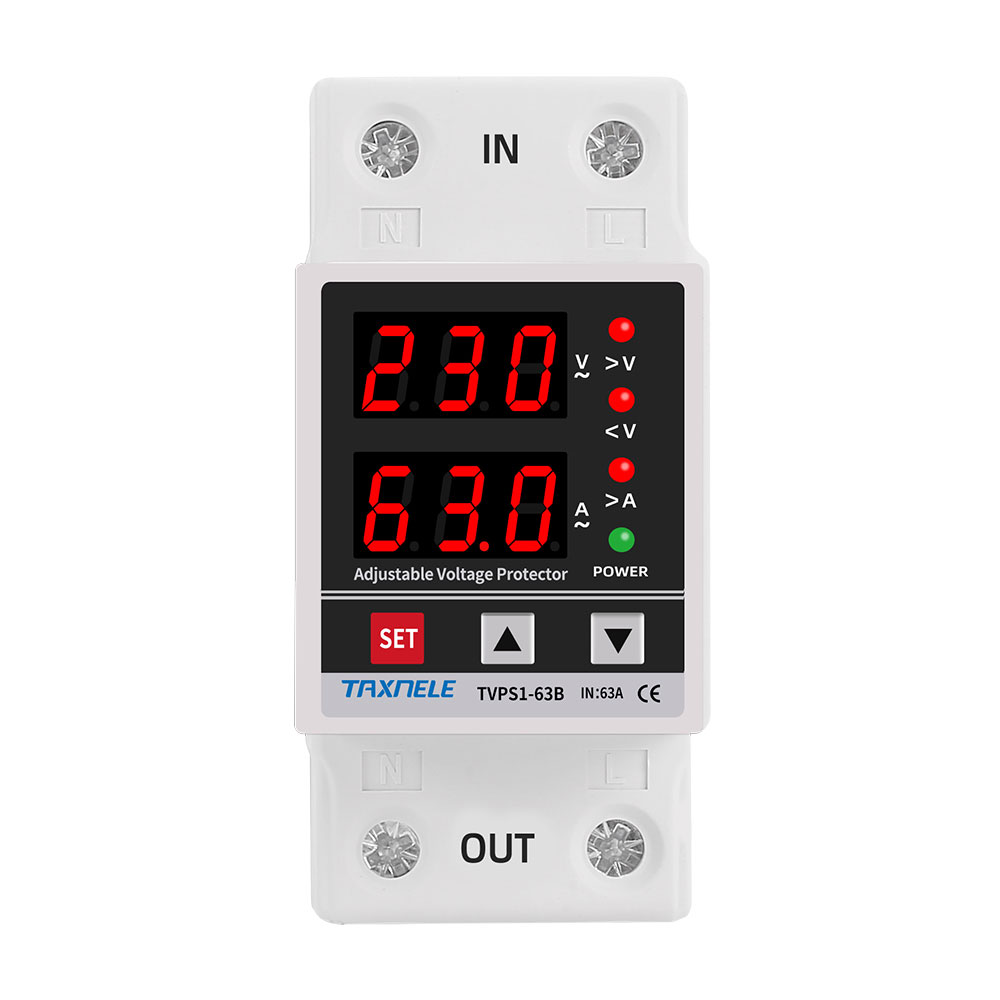 Dual Display 40A 63A 230V Din Rail Adjustable digital Over Under Voltage Relay Surge Protector Limit Over Current Protection