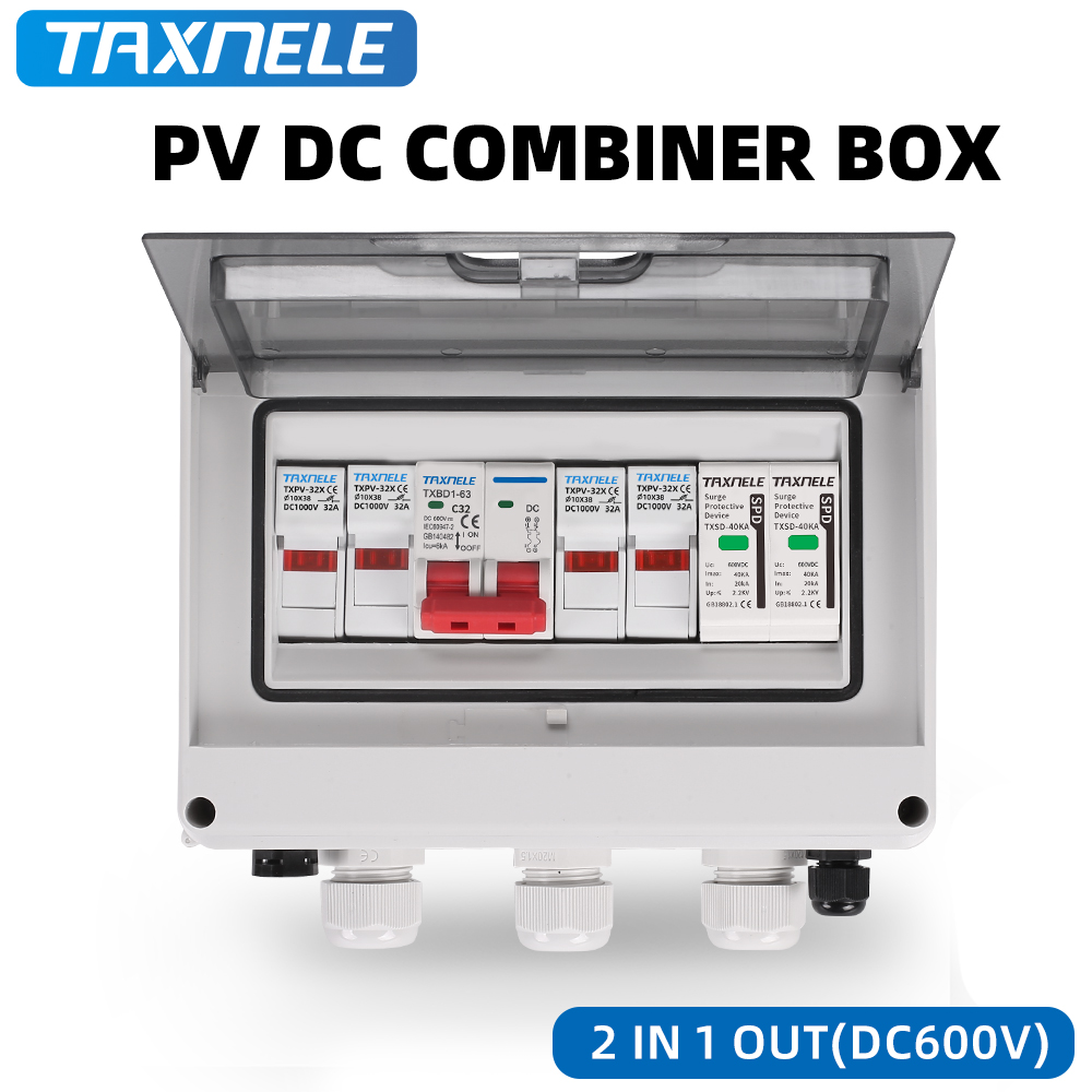 Solar photovoltaic PV Combiner Box Surge Lightning Protection 2 input 1 out 2 String DC 600V Fuse MCB SPD Waterproof Box IP65