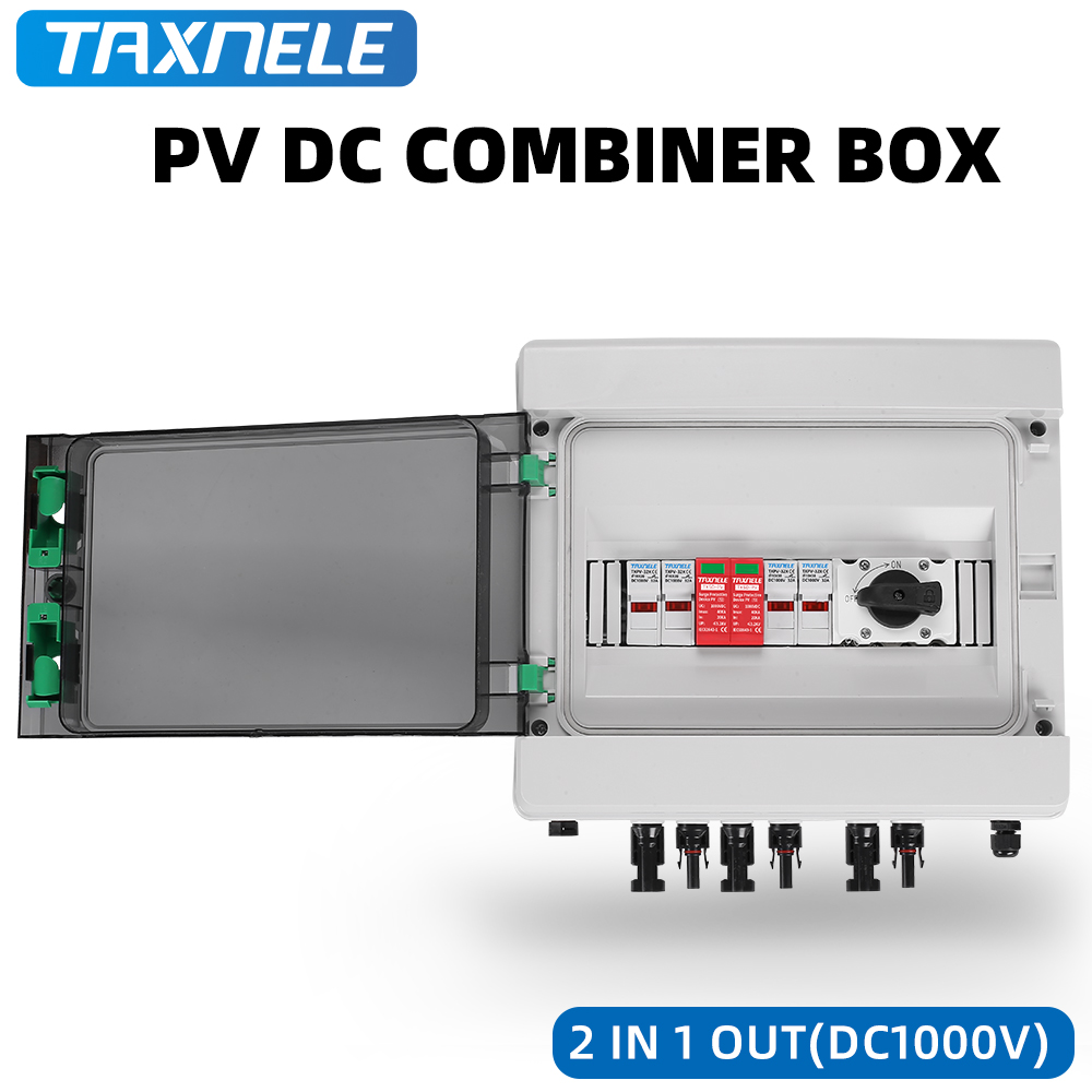 Solar photovoltaic PV Combiner Box 2 input 1 out 2 String Surge Lightning Protection DC 1000V Fuse MCB SPD Waterproof Box IP65